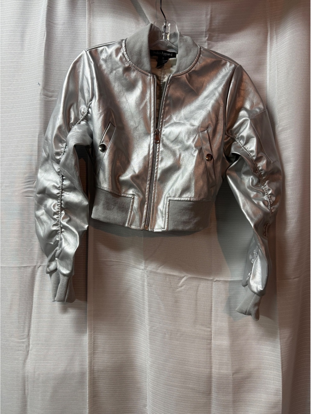 Soho Apparel Women's Silver Metallic Bomber Jacket Size M